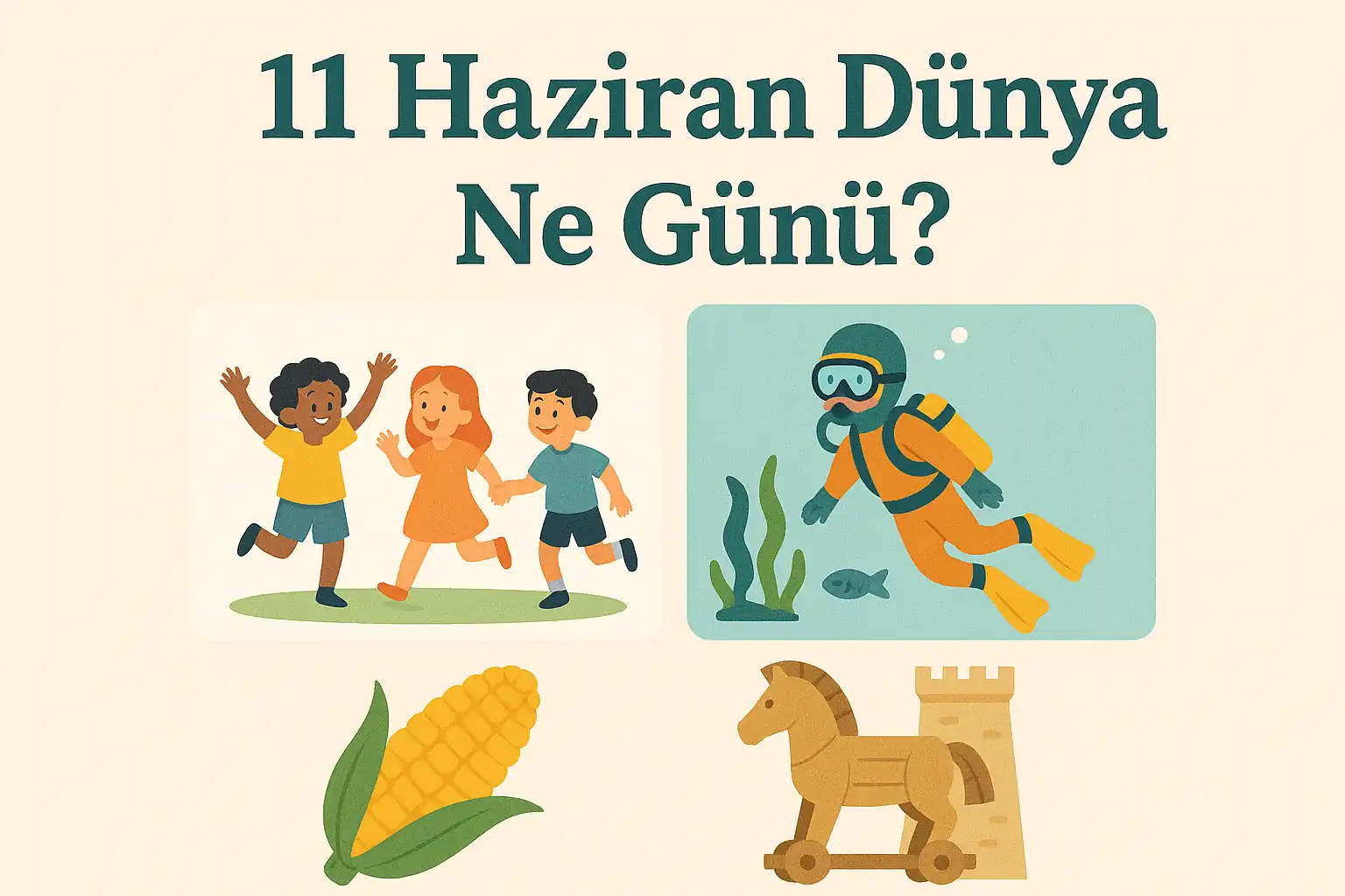 11 Haziran Dünya Ne Günü 11 Haziran Dünya Oyun Günü (International Day of Play) 11 Haziran Dünya Dalgıçlar Günü (Happy Cousteau Day) 11 Haziran Dünya Haşlanmış Mısır Günü (Corn on the Cob Day) Görseli