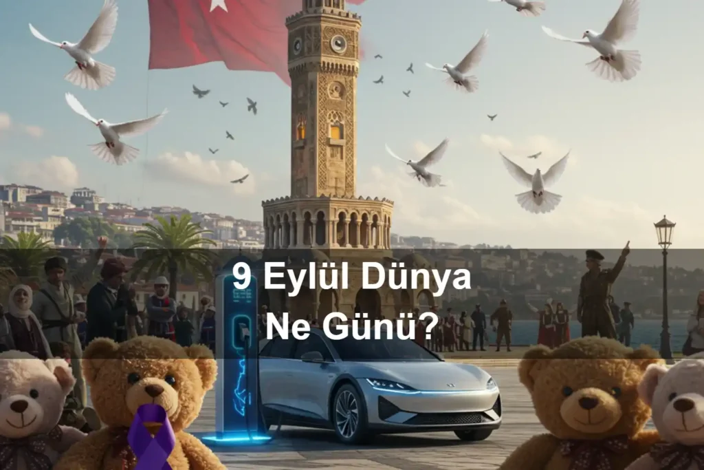 9 Eylül Dünya Ne Günü 9 Eylül Dünya Fetal Alkol Sendromu Farkındalık Günü 9 Eylül Dünya Elektrikli Araç Günü 9 Eylül Dünya Oyuncak Ayıcık Günü (Teddy Bear Day) 9 Eylül İzmir'in Kurtuluşu