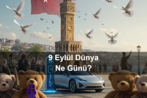 9 Eylül Dünya Ne Günü 9 Eylül Dünya Fetal Alkol Sendromu Farkındalık Günü 9 Eylül Dünya Elektrikli Araç Günü 9 Eylül Dünya Oyuncak Ayıcık Günü (Teddy Bear Day) 9 Eylül İzmir'in Kurtuluşu
