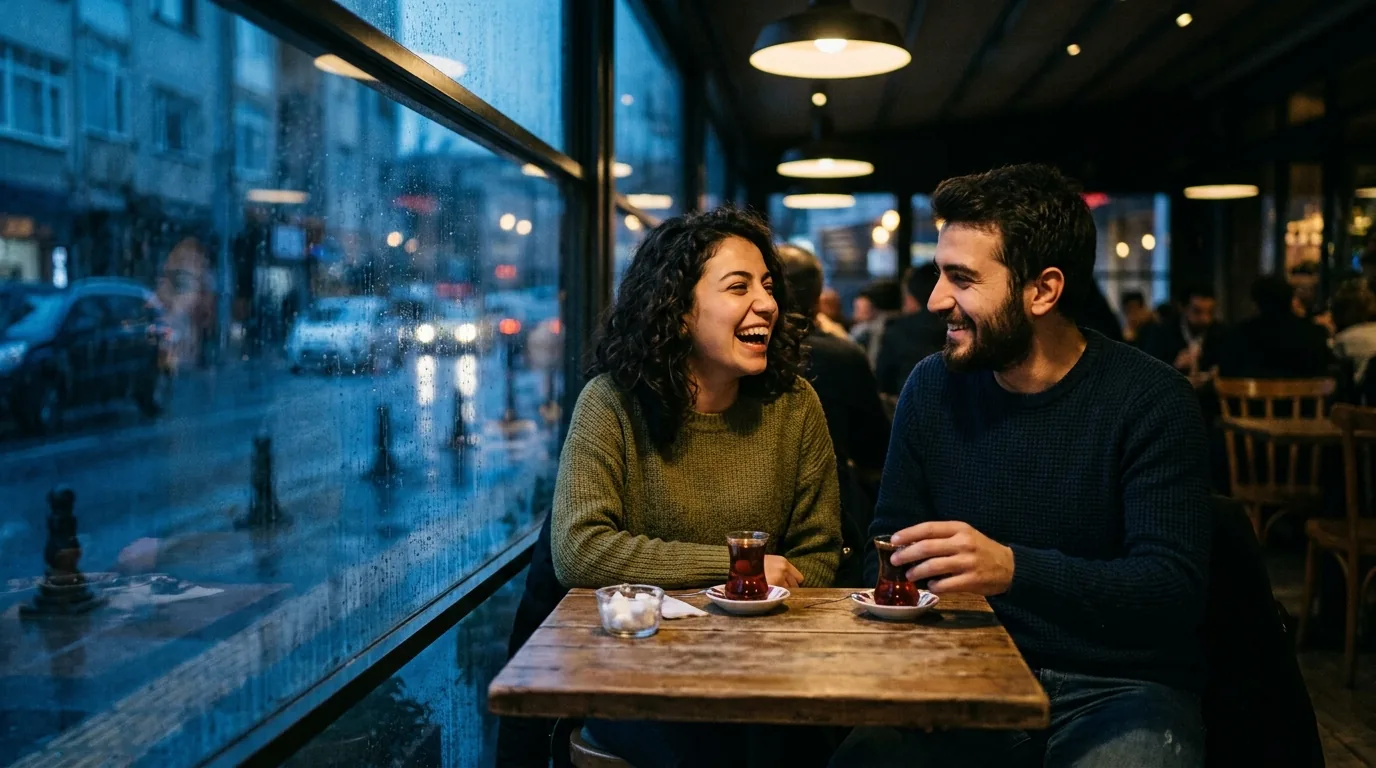 Sevgililer Günü: yağmurlu bir akşam kafede çay içen genç çift