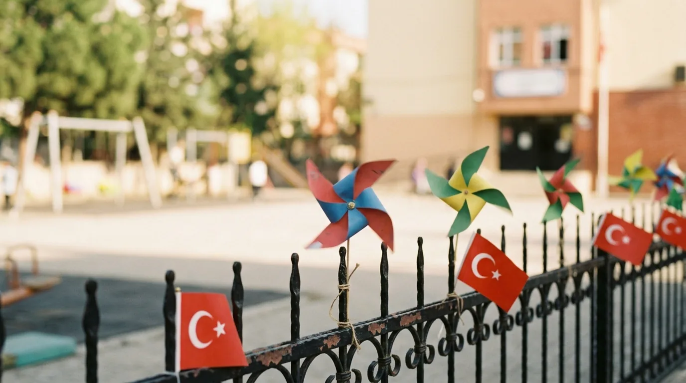 23 Nisan Ulusal Egemenlik ve Çocuk Bayramı: okul bahçesi parmaklığında rüzgârgülleri ve Türk bayrakları