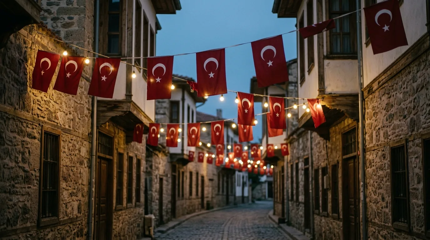 29 Ekim Cumhuriyet Bayramı: akşam saatinde eski sokakta asılı Türk bayrakları ve ışıklar