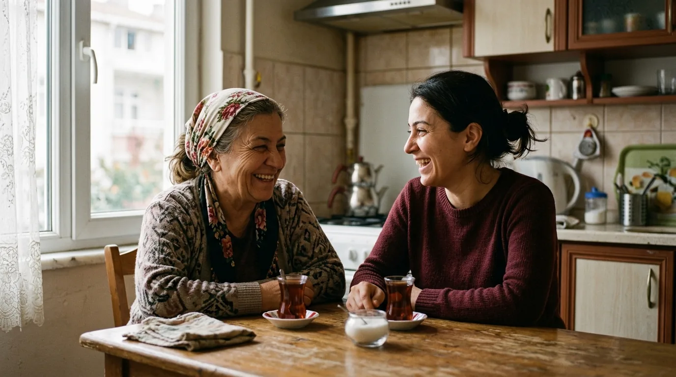 Anneler Günü: mutfak masasında çay içerken gülüşen anne ve kızı