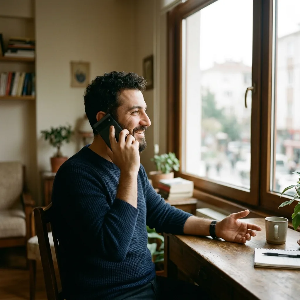 Pencere kenarındaki çalışma masasında telefonla konuşan bir adam